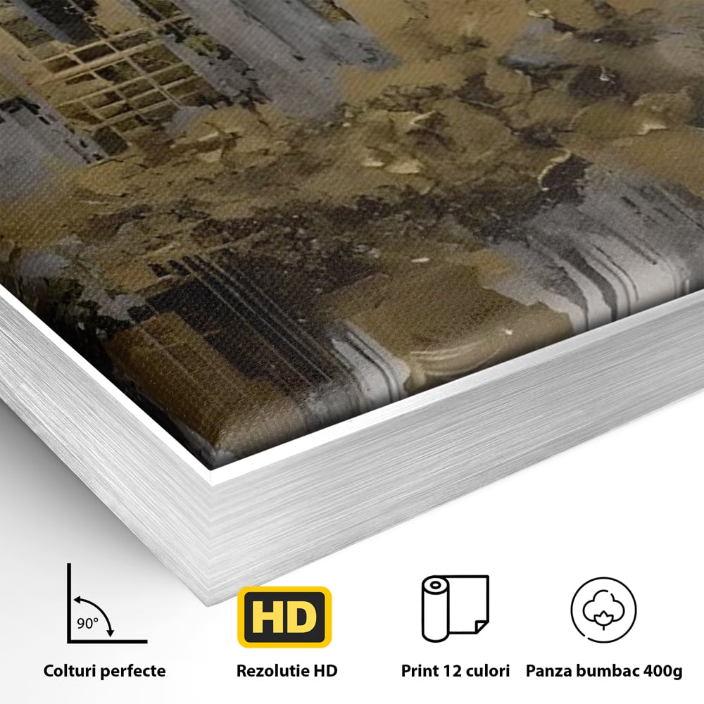 Detaliu al suprafetei: tablou canvas cu zgarie-nori aurii, in rama de aluminiu argintiu